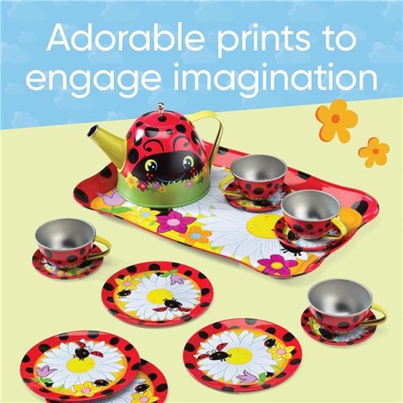 15-Piece Ladybug-Themed Pretend-Play Tin Tea Set,Includes Teapot,4 Plates,4 Cups - Picture 5 of 7